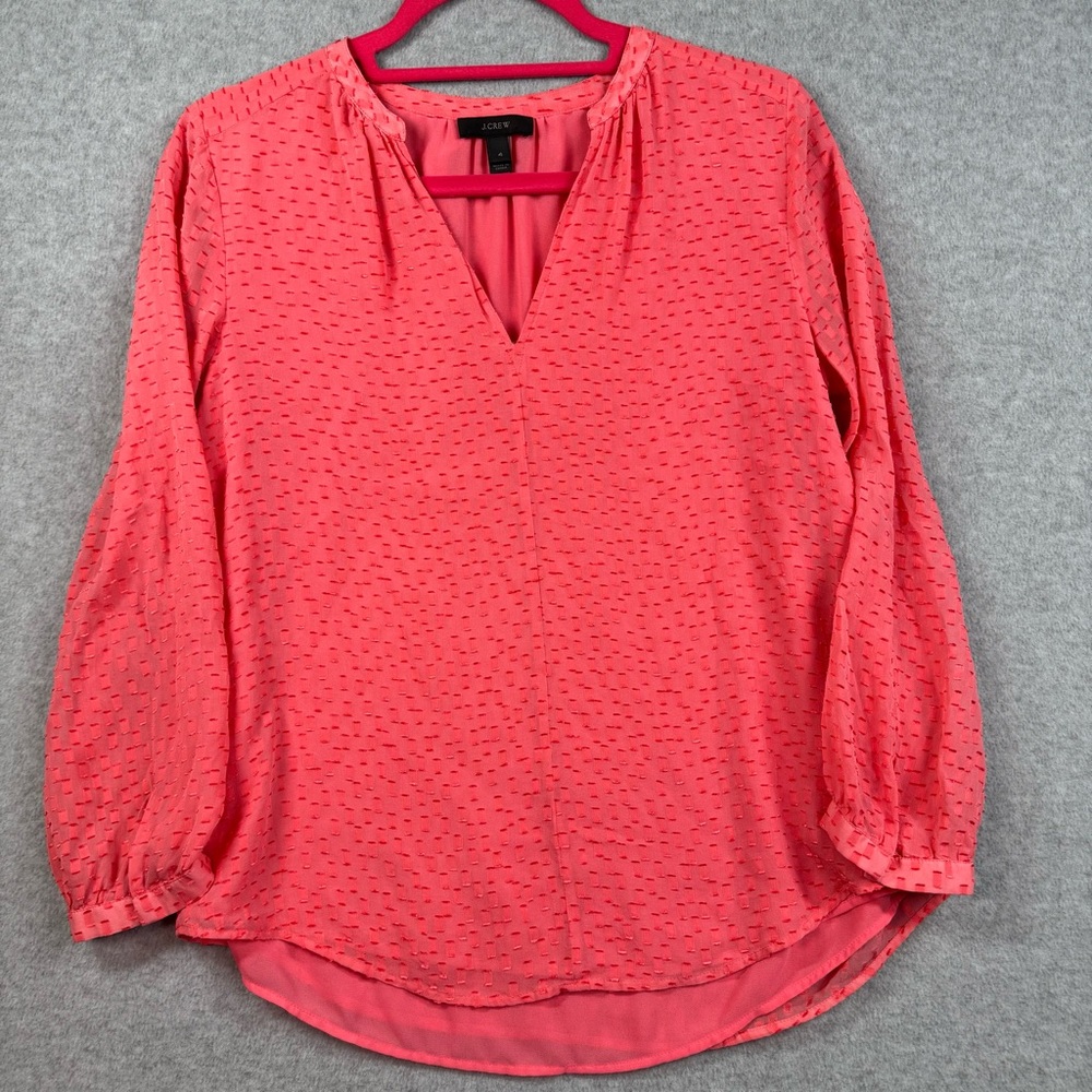 J Crew Swiss Dot Silk Blend Top Size 2‎ Blouse Coral Pink Sheer V-Neck Lined